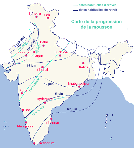 Carte des dates d'arrivée et de retrait de la mousson en Inde