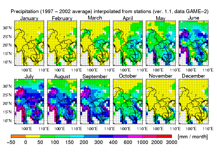 Carte des précipitations mensuelles en Asie du sud-est
